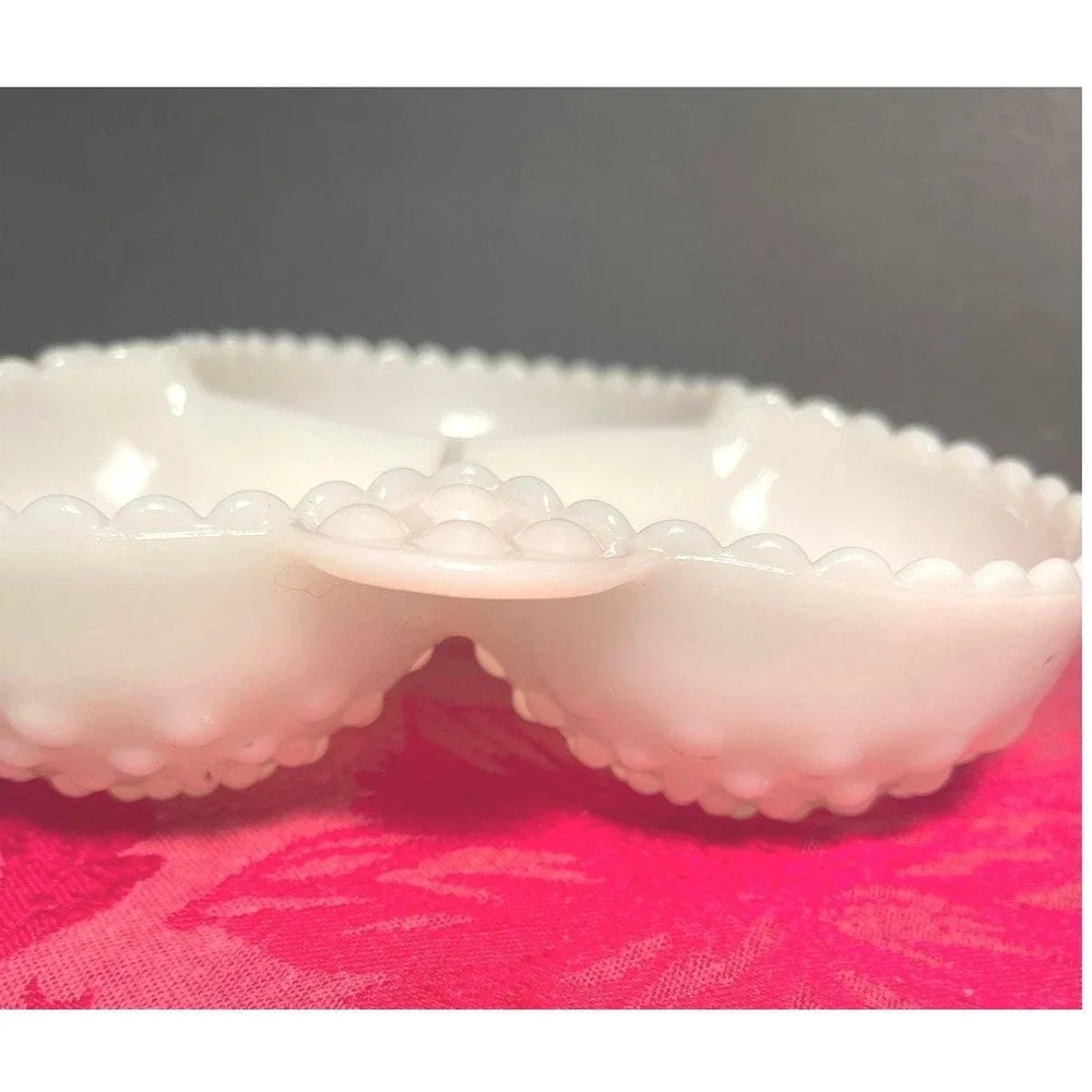 Vintage Fenton Milk Glass Hobnail 3 Compartment Relish Dish Candy Tray White MCM